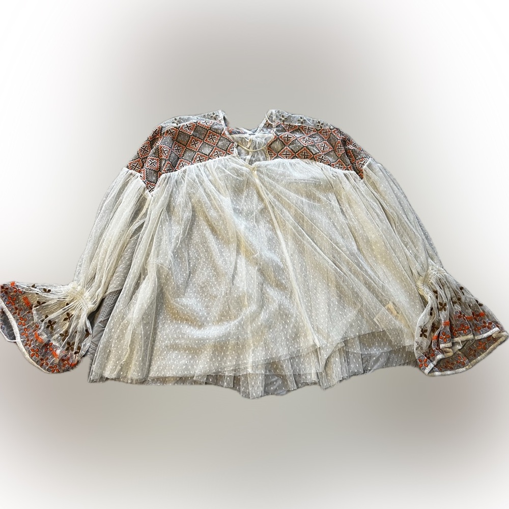 Free People Cream and Orange Patterned Blouse